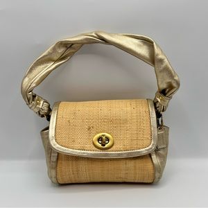 💕 COACH Vintage Parker Straw Metallic Gold Leather Trim Small Handbag Adorable
